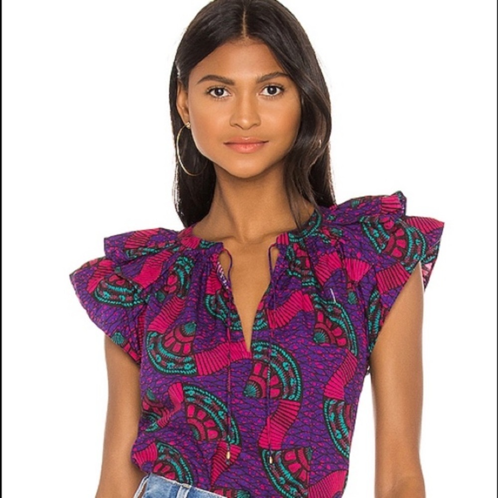 Ulla Johnson Elm Short Sleeve Printed Cotton Poplin Blouse Violet‎ Multi Size 2